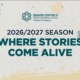 Promotional graphic for the Denver Center for the Performing Arts Theatre Company 2026/2027 season. The design features the Theatre Company logo above the text “2026/2027 Season” and the tagline “Where Stories Come Alive” in large teal lettering. The background has a textured off-white appearance with teal and gold paint-like accents and graphic elements around the edges.