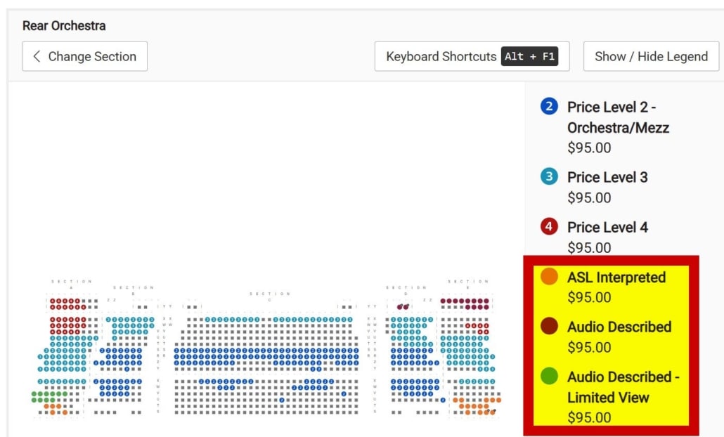 Screenshot of the seat selection process that shows a seating map and a legend for several seating sections, with a box highlighting the ASL Interpretation and Audio Described sections.