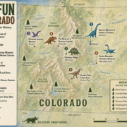 Illustrated map titled “Dino Fun in Colorado: Explore Fossils. Discover History.” showing dinosaur-related museums, fossil sites, and landmarks across Colorado. Numbered dinosaur icons mark locations including the Denver Museum of Nature & Science, Dinosaur Ridge, Dinosaur Journey Museum, The Museum at Dinosaur Junction, Garden Park Fossil Area, and Rocky Mountain Dinosaur Resource. The map highlights mountain ranges, rivers, national monuments, and historic trails, with an inset listing sites associated with the Morrison Formation. Decorative dinosaur illustrations, a compass rose, and a mileage scale appear throughout the vintage-style map.