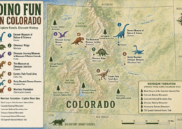 Illustrated map titled “Dino Fun in Colorado: Explore Fossils. Discover History.” showing dinosaur-related museums, fossil sites, and landmarks across Colorado. Numbered dinosaur icons mark locations including the Denver Museum of Nature & Science, Dinosaur Ridge, Dinosaur Journey Museum, The Museum at Dinosaur Junction, Garden Park Fossil Area, and Rocky Mountain Dinosaur Resource. The map highlights mountain ranges, rivers, national monuments, and historic trails, with an inset listing sites associated with the Morrison Formation. Decorative dinosaur illustrations, a compass rose, and a mileage scale appear throughout the vintage-style map.
