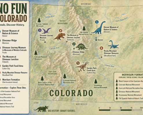Illustrated map titled “Dino Fun in Colorado: Explore Fossils. Discover History.” showing dinosaur-related museums, fossil sites, and landmarks across Colorado. Numbered dinosaur icons mark locations including the Denver Museum of Nature & Science, Dinosaur Ridge, Dinosaur Journey Museum, The Museum at Dinosaur Junction, Garden Park Fossil Area, and Rocky Mountain Dinosaur Resource. The map highlights mountain ranges, rivers, national monuments, and historic trails, with an inset listing sites associated with the Morrison Formation. Decorative dinosaur illustrations, a compass rose, and a mileage scale appear throughout the vintage-style map.