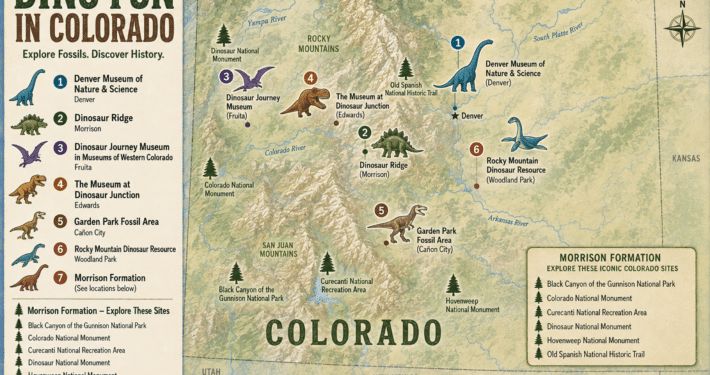 Illustrated map titled “Dino Fun in Colorado: Explore Fossils. Discover History.” showing dinosaur-related museums, fossil sites, and landmarks across Colorado. Numbered dinosaur icons mark locations including the Denver Museum of Nature & Science, Dinosaur Ridge, Dinosaur Journey Museum, The Museum at Dinosaur Junction, Garden Park Fossil Area, and Rocky Mountain Dinosaur Resource. The map highlights mountain ranges, rivers, national monuments, and historic trails, with an inset listing sites associated with the Morrison Formation. Decorative dinosaur illustrations, a compass rose, and a mileage scale appear throughout the vintage-style map.