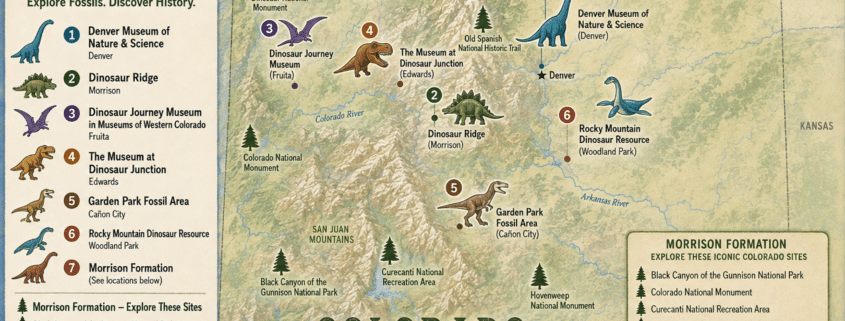 Illustrated map titled “Dino Fun in Colorado: Explore Fossils. Discover History.” showing dinosaur-related museums, fossil sites, and landmarks across Colorado. Numbered dinosaur icons mark locations including the Denver Museum of Nature & Science, Dinosaur Ridge, Dinosaur Journey Museum, The Museum at Dinosaur Junction, Garden Park Fossil Area, and Rocky Mountain Dinosaur Resource. The map highlights mountain ranges, rivers, national monuments, and historic trails, with an inset listing sites associated with the Morrison Formation. Decorative dinosaur illustrations, a compass rose, and a mileage scale appear throughout the vintage-style map.