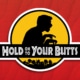 Promotional graphic for Hold On To Your Butts featuring a black dinosaur silhouette inside a yellow circle on a red textured background. The title appears in bold white lettering across a black banner, referencing the show's dinosaur-themed parody style.