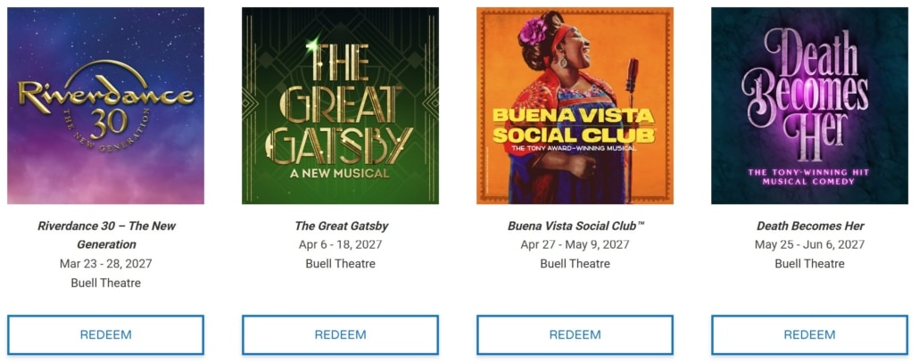 Screenshot of the redemption process with images and buttons that say Redeem for four productions including Riverdance, The Great Gatsby, Buena Vista Social Club, and Death Becomes Her.