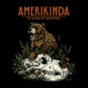 Book cover for Amerikinda by Nico Lang. An illustrated brown bear stands above a large animal skull surrounded by rocks, leaves, and orange flowers against a black background. The title appears in orange lettering at the top.