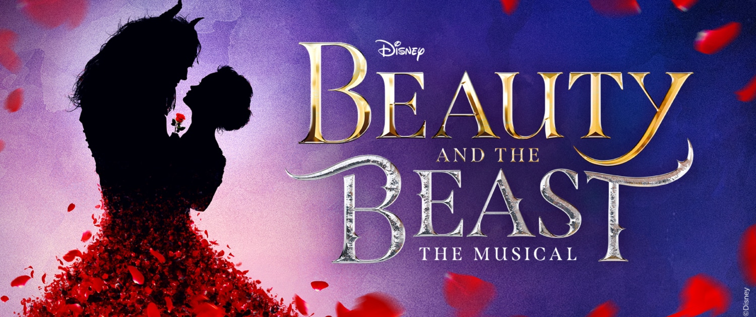 Promotional artwork for Disney’s Beauty and the Beast: The Musical, featuring silhouetted figures of Beauty and the Beast facing one another, with the lower half of the image formed from swirling red rose petals. Gold and silver title text appears against a purple background, with additional rose petals floating across the scene.