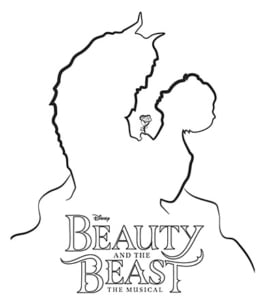 Black-and-white outline coloring page featuring the silhouette of a rose enclosed in glass above the Disney Beauty and the Beast: The Musical logo.