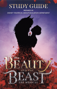 Cover of the Disney’s Beauty and the Beast: The Musical study guide, featuring silhouetted figures of Beauty and the Beast holding a red rose against a purple background with swirling red rose petals.