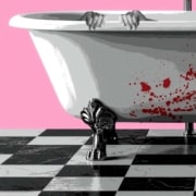 Book cover illustration featuring a white clawfoot bathtub against a pink background. Two hands grip the edge of the tub from inside, while red splatters appear on the tub's exterior above a black-and-white checkered floor.