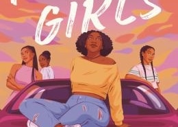 Book cover for Free Girls by Kristen McCallum. An illustrated person sits on the hood of a purple car while three other figures stand nearby beneath a colorful pink, orange, and purple sky. The title appears in large white script at the top of the cover.