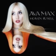 Album cover for Heaven & Hell by Ava Max. A mirrored portrait shows a person with long blond hair above and a reflection with orange hair below against a black background. The album title and artist name appear in silver text on the right.