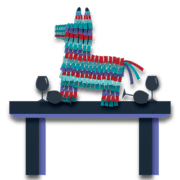 Illustration of a colorful donkey-shaped piñata standing on a table between two wine glasses. The stylized image uses shades of blue, pink, and red against a dark background.