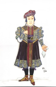 Costume rendering of a richly dressed court official in an ornate burgundy and navy Renaissance-style robe with gold embroidery, puffed sleeves, a matching cap, and embroidered shoes, holding a white handkerchief.