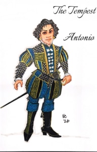 Costume rendering for Antonio in The Tempest, wearing an ornate blue, gold, and black Renaissance court costume with patterned sleeves, puffed trunks, knee-high boots, and a sword at the hip.
