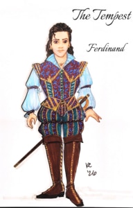 Costume rendering for Ferdinand in The Tempest, featuring a richly patterned blue and burgundy Renaissance outfit with puffed sleeves, fitted trunks, tall brown boots, and a sword hanging at the hip.