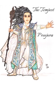 Costume rendering for Prospera in The Tempest, depicting a powerful magician in flowing white and aqua robes embroidered with intricate patterns, holding a twisted staff and extending an outstretched hand, with wind-swept gray hair and shell-inspired shoulder details.