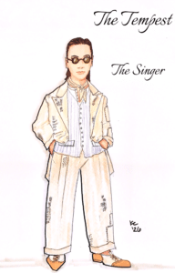 Costume rendering for The Singer in The Tempest, wearing a cream-colored patchwork suit with wide-leg trousers, a striped vest, neck scarf, two-tone shoes, and round tinted glasses.