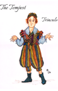 Costume rendering for Trinculo in The Tempest, wearing a colorful patchwork costume with mismatched patterned panels, striped balloon trousers, a soft cap, oversized collar, and blue ankle boots, posed with hands outstretched.