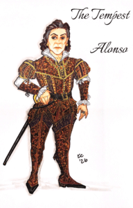 Costume rendering for Alonso in The Tempest, wearing an ornate burgundy, gold, and black Renaissance court costume with richly embroidered patterns, puffed sleeves, a white ruff collar, fitted leggings, a decorative belt, and a sword at the hip.