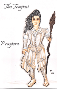 Costume rendering for Prospera in The Tempest, depicting a magician in an ivory-colored layered costume with embroidered panels, high boots, and flowing draped fabric, holding a twisted staff and wearing loose, wind-swept dark hair.
