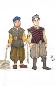 Costume rendering for two sailors in The Tempest. One sailor wears a blue cap, gray tunic, striped trousers, and simple shoes while holding a coil of rope. The other wears a gray cap, red-and-black striped vest, striped trousers, and tall black boots.