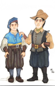 Costume rendering of two rustic Renaissance characters. One wears a blue tunic, beret-style cap, striped trousers, and boots; the other wears a wide-brimmed tan hat, gray vest, loose blue trousers, and tall black boots, with one hand resting on the companion’s shoulder.