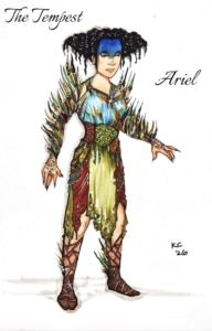 Costume rendering for Ariel in The Tempest, featuring a fantastical spirit-inspired outfit with vibrant feather-like details, a bright blue face mask, textured bodice, tattered multicolored skirt panels, lace-up sandals, and elaborate naturalistic embellishments.