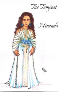 Costume rendering for Miranda in The Tempest, wearing an elegant white and pale blue gown with radiating fan-like sleeve details, colorful bead and jewel accents, a blue sash, and long curly hair.