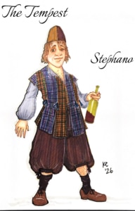 Costume rendering for Stephano in The Tempest, wearing a rustic patchwork vest in blue and brown plaids over a loose gray shirt, billowy dark trousers, a two-tone cap, black socks and brown shoes, while holding a partially filled wine bottle.