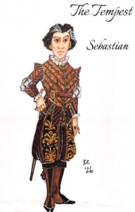 Costume rendering for Sebastian in The Tempest, wearing an ornate Renaissance-style doublet in burgundy, gold, and black with striped patterns, slashed sleeves, a white ruff collar, tall boots, and a sword at the hip.