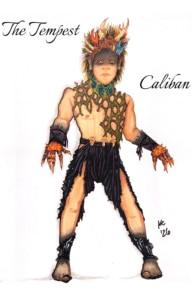 Costume rendering for Caliban in The Tempest, featuring a creature-inspired design with a horned and feathered headdress, dark facial makeup, moss-like shoulder coverings, clawed gloves, tattered black garments, and bare feet.