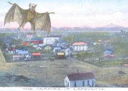 Vintage postcard-style illustration showing a winged bat-like creature with a human face flying over a small town. The image includes the caption “The Vampire of Lafayette” along the bottom.