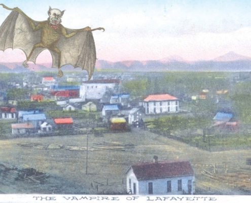 Vintage postcard-style illustration showing a winged bat-like creature with a human face flying over a small town. The image includes the caption “The Vampire of Lafayette” along the bottom.