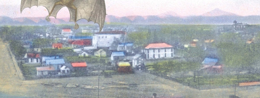 Vintage postcard-style illustration showing a winged bat-like creature with a human face flying over a small town. The image includes the caption “The Vampire of Lafayette” along the bottom.