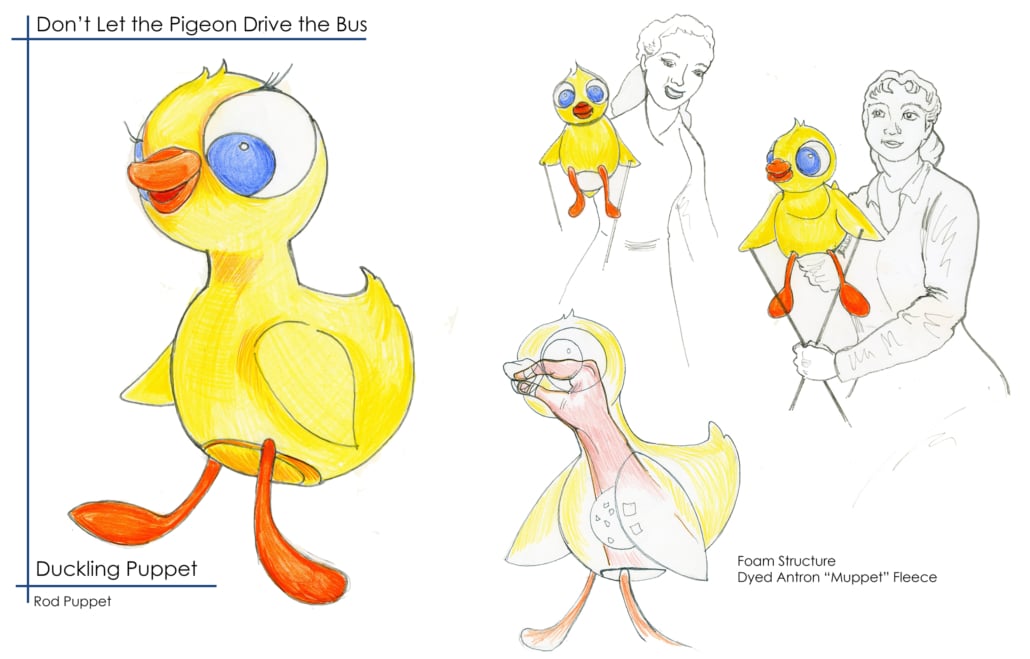 Concept design drawing for Don’t Let the Pigeon Drive the Bus featuring a bright yellow duckling rod puppet with oversized blue eyes, an orange beak, and orange feet. Additional sketches show the puppet in use by performers and include a close-up of the hand-control mechanism inside the body. Design notes describe the puppet's foam structure and dyed fleece covering.