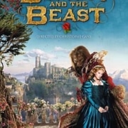 Fantasy film poster for Beauty and the Beast showing two costumed characters in the foreground, with a castle, gardens, and distant landscape behind them. The title appears in ornate gold lettering at the top.
