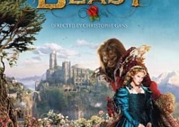 Fantasy film poster for Beauty and the Beast showing two costumed characters in the foreground, with a castle, gardens, and distant landscape behind them. The title appears in ornate gold lettering at the top.