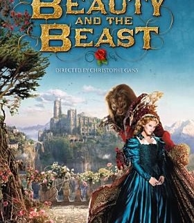 Fantasy film poster for Beauty and the Beast showing two costumed characters in the foreground, with a castle, gardens, and distant landscape behind them. The title appears in ornate gold lettering at the top.