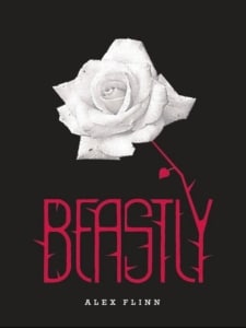 Book cover for Beastly by Alex Flinn featuring a white rose on a black background above the title in bold red lettering, with a thorny stem extending through the design.