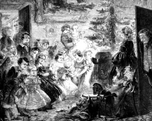 Black-and-white Victorian illustration of a crowded Christmas gathering with adults and children assembled around a decorated Christmas tree. Family members fill the room while toys and gifts are displayed beneath the tree in a festive indoor setting.