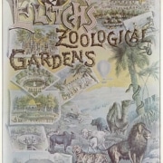 Vintage illustrated poster advertising Elitch’s Zoological Gardens in Denver, Colorado, featuring drawings of animals including a lion, tiger, elephant, and camel, along with scenes of gardens, attractions, buildings, and the park entrance.