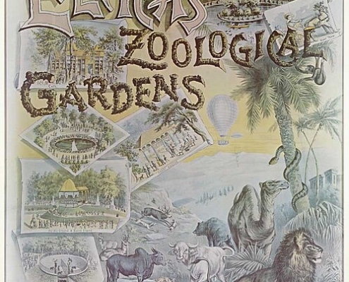 Vintage illustrated poster advertising Elitch’s Zoological Gardens in Denver, Colorado, featuring drawings of animals including a lion, tiger, elephant, and camel, along with scenes of gardens, attractions, buildings, and the park entrance.