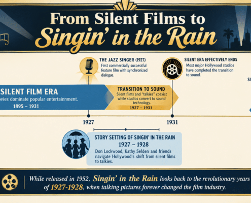 Art Deco–style infographic titled From Silent Films to Singin’ in the Rain showing a timeline of film history from 1895 to 1952. The graphic highlights the silent film era (1895–1931), the release of The Jazz Singer in 1927 as the first commercially successful feature film with synchronized dialogue, the transition period when silent films and talkies coexisted (1927–1931), and the effective end of the silent era in 1931. A separate marker shows that the story of Singin’ in the Rain is set in 1927–1928, while the film was written in 1950–1951, filmed in 1951, and premiered in 1952. Decorative film, microphone, spotlight, and movie-themed icons appear throughout the blue-and-gold design.