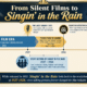 Art Deco–style infographic titled From Silent Films to Singin’ in the Rain showing a timeline of film history from 1895 to 1952. The graphic highlights the silent film era (1895–1931), the release of The Jazz Singer in 1927 as the first commercially successful feature film with synchronized dialogue, the transition period when silent films and talkies coexisted (1927–1931), and the effective end of the silent era in 1931. A separate marker shows that the story of Singin’ in the Rain is set in 1927–1928, while the film was written in 1950–1951, filmed in 1951, and premiered in 1952. Decorative film, microphone, spotlight, and movie-themed icons appear throughout the blue-and-gold design.