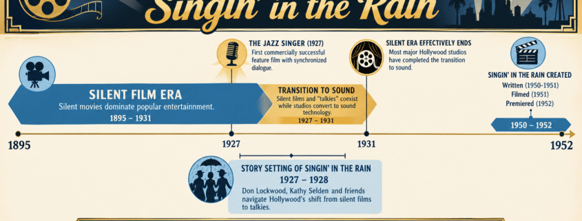 Art Deco–style infographic titled From Silent Films to Singin’ in the Rain showing a timeline of film history from 1895 to 1952. The graphic highlights the silent film era (1895–1931), the release of The Jazz Singer in 1927 as the first commercially successful feature film with synchronized dialogue, the transition period when silent films and talkies coexisted (1927–1931), and the effective end of the silent era in 1931. A separate marker shows that the story of Singin’ in the Rain is set in 1927–1928, while the film was written in 1950–1951, filmed in 1951, and premiered in 1952. Decorative film, microphone, spotlight, and movie-themed icons appear throughout the blue-and-gold design.