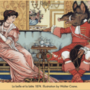 Color illustration from La Belle et la Bête showing a young woman in a pink gown seated on an ornate sofa opposite a beast-like figure dressed in red period clothing. The pair sit in an elaborately decorated room with a tea service on a small table between them.