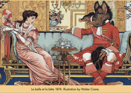Color illustration from La Belle et la Bête showing a young woman in a pink gown seated on an ornate sofa opposite a beast-like figure dressed in red period clothing. The pair sit in an elaborately decorated room with a tea service on a small table between them.