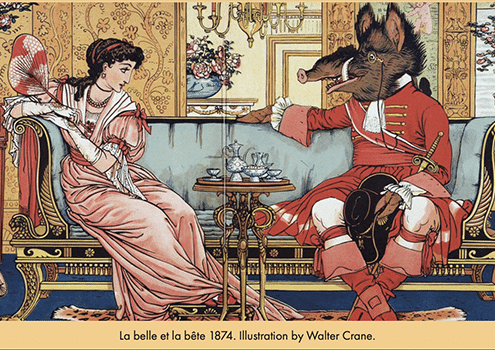 Color illustration from La Belle et la Bête showing a young woman in a pink gown seated on an ornate sofa opposite a beast-like figure dressed in red period clothing. The pair sit in an elaborately decorated room with a tea service on a small table between them.