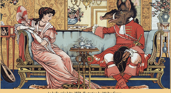 Color illustration from La Belle et la Bête showing a young woman in a pink gown seated on an ornate sofa opposite a beast-like figure dressed in red period clothing. The pair sit in an elaborately decorated room with a tea service on a small table between them.